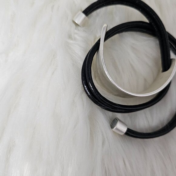 Gladiator Wrap Silver Metal Leather Black Magnetic Strand Y2K Statement Bracelet - Picture 5 of 10